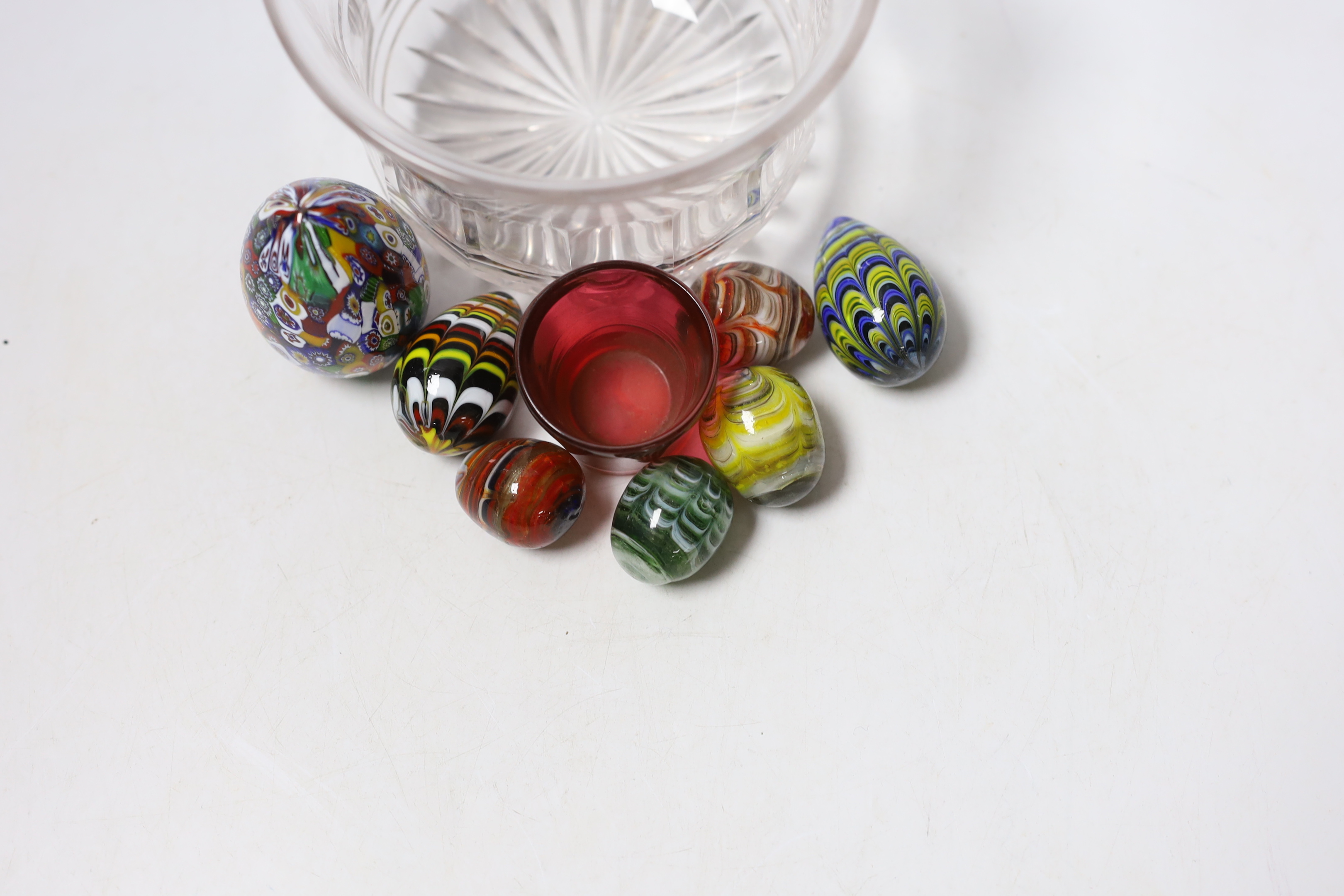 A Victorian glass rinser, glass eggs etc, largest 15cm wide